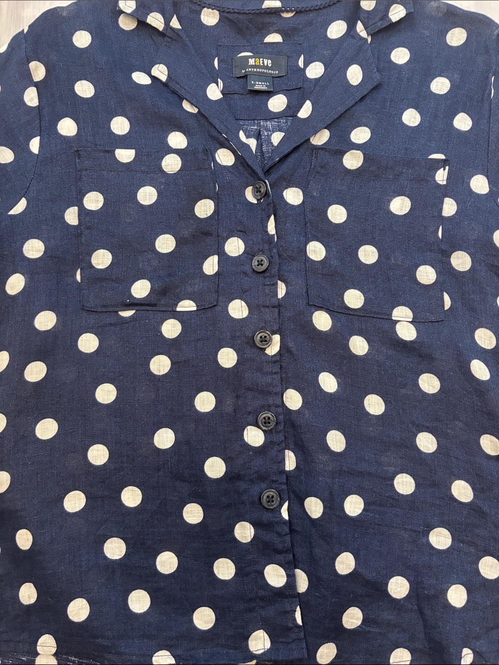 Maeve by Anthropologie Navy and White Polka Dot Button-Down Short Sleeve Shirt - Picture 5 of 7